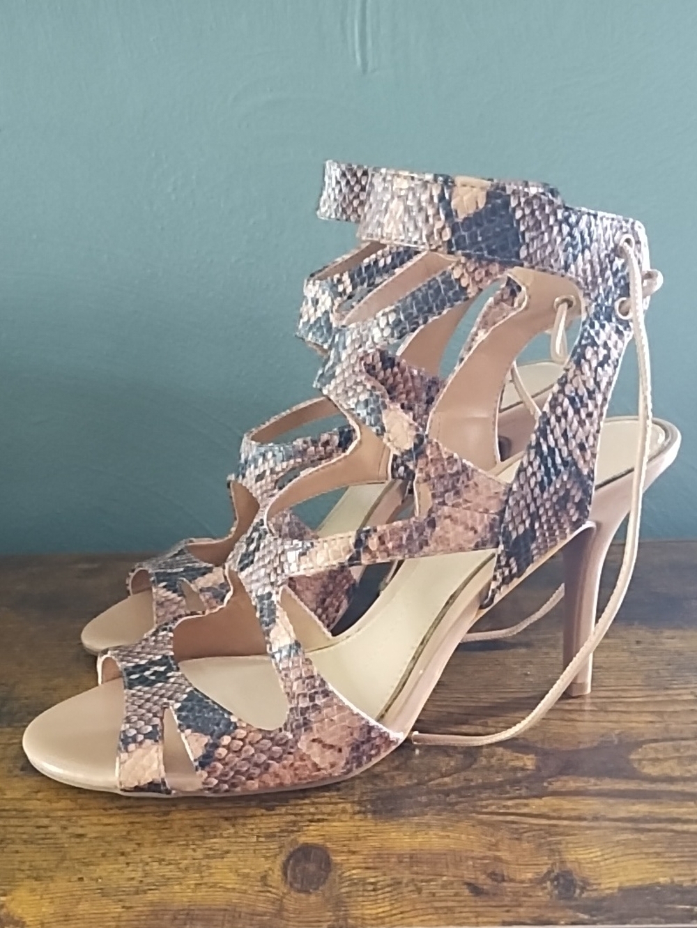 Gianni Bini 8.5 Gladiator Leather Snakeskin Print Stiletto Heels Ankle Tie- READ